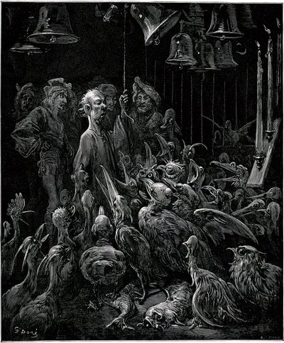 Panurge fa cantare gli uccelli suonando le campane - illustrazione di Gustave Doré per le opere complete di François Rabelais - Quinto libro - Pantagruel da Gustave Dore