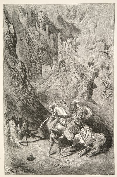 Sulla strada per la Cappella Verde, da Stories of the Days of King Arthur di Charles Henry Hanson, pub.1898 da Gustave Dore