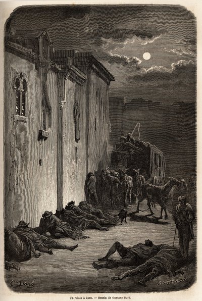 Una notte in una stazione di posta a Jaén. Disegno di Gustave Doré per illustrare il suo viaggio in Spagna nel 1862 con Ch. Davillier. Incisione in "Le tour du monde", a cura di Edouard Charton da Gustave Dore