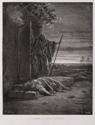 Olocausto a Ghibea, il levita porta via la sua concubina morta, Illustrazione dalla Bibbia di Doré da Gustave Dore