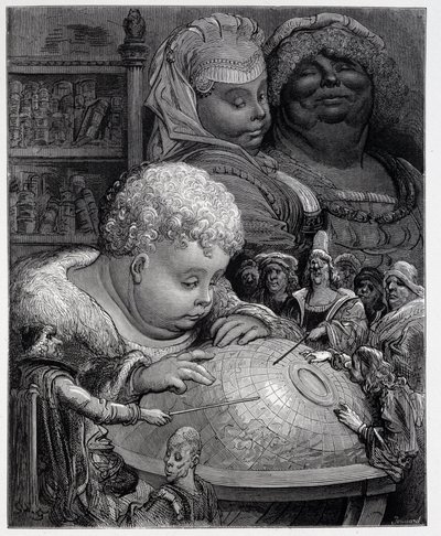 Pantagruel che segue un corso di geografia da Gustave Dore