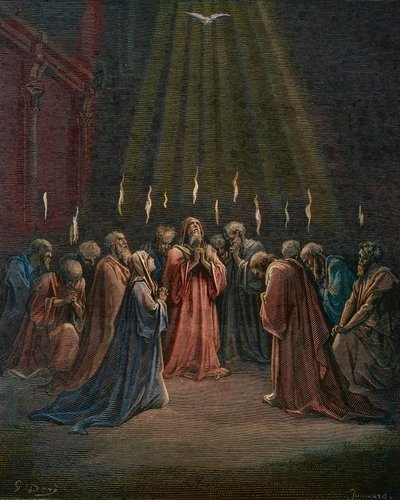 Pentecoste - Pentecoste (discesa dello Spirito Santo) - Pentecoste, la discesa dello Spirito Santo, incisione di Gustave Doré (1832-1883) - colorazione successiva da Gustave Dore