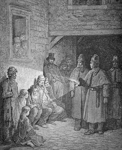 Poliziotti in pattuglia nel Rookery di Londra, inciso da Stephane Pannemaker (1847-1930) da Gustave Dore
