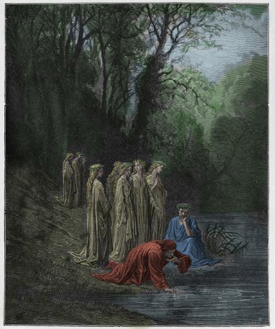 Purgatorio, Canto 33: Dante beve dal fiume Eunoe, illustrazione da "La Divina Commedia" di Dante Alighieri, 1885 da Gustave Dore