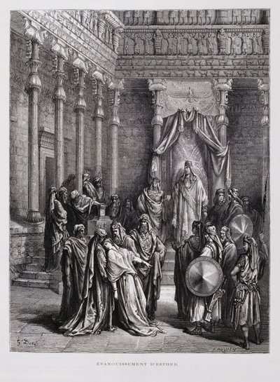 La regina Ester sviene davanti al re, Illustrazione dalla Bibbia di Doré da Gustave Dore