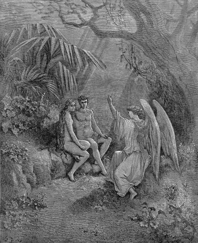 Raffaello parla con Adamo ed Eva. Illustrazione per il Paradiso Perduto di John Milton, 1866 da Gustave Dore