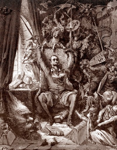 Rappresentazione di Don Chisciotte nella sua biblioteca circondato dalle creature dei suoi libri, incisione di Gustave Doré per L