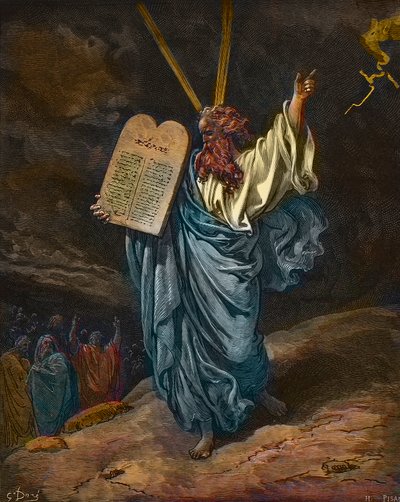 Rappresentazione di Mosè con le nuove Tavole della Legge sul Monte Sinai - incisione di Gustave Doré (1832-1883) - colorazione successiva da Gustave Dore