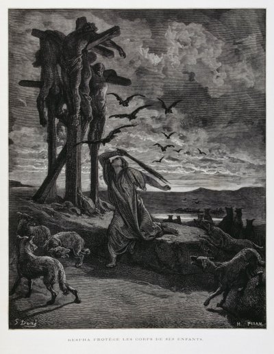 Rizpa impedisce alle bestie selvatiche di profanare i corpi dei suoi figli morti, Illustrazione dalla Bibbia di Doré da Gustave Dore
