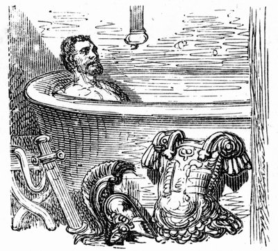 Soldato romano che fa il bagno alle terme di Bagnères-de-Bigorre: incisione di Gustave Doré che illustra il libro "Voyage aux Pyrénées" di Hippolyte Taine, Hachette 1860 da Gustave Dore