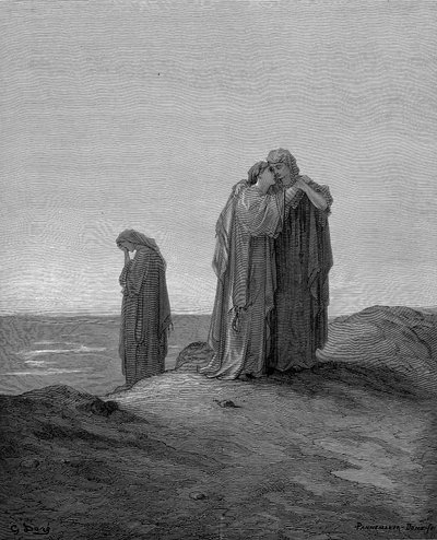 Ruth che abbraccia la suocera Naomi e promette di restare con lei ora che sono in lutto, 1866 da Gustave Dore