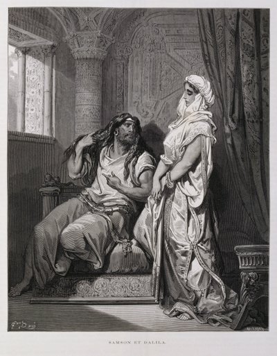 Sansone e Dalila, Capitolo 16 del Libro dei Giudici, Antico Testamento, illustrazione dalla Bibbia di Doré da Gustave Dore