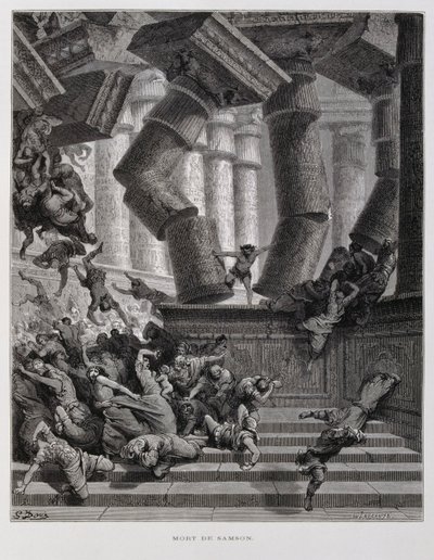 Sansone distrugge il tempio di Baal, Illustrazione dalla Bibbia di Doré da Gustave Dore