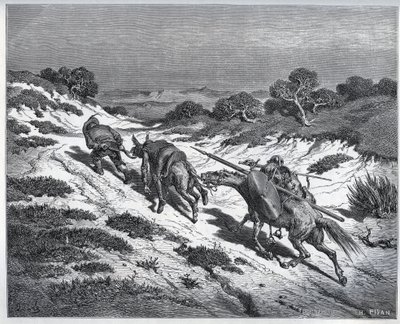 Sancho Panza, Don Chisciotte e i loro destrieri dopo la sconfitta contro i Yangher - da "Don Chisciotte della Mancia" di Miguel Cervantes (1547-1616) - xilografia dopo disegno di Gustave Doré. da Gustave Dore