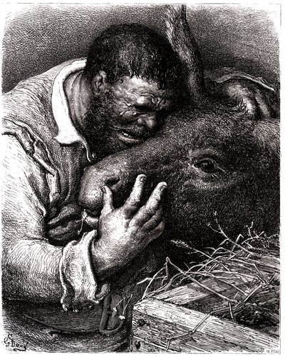 Sancho Panza piange mentre bacia il suo asino da Gustave Dore