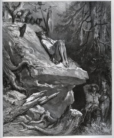 Sancho Panza trova il suo padrone, sempre in penitenza - da "Don Chisciotte della Mancia" di Miguel Cervantes (1547-1616) - xilografia dopo disegno di Gustave Doré da Gustave Dore