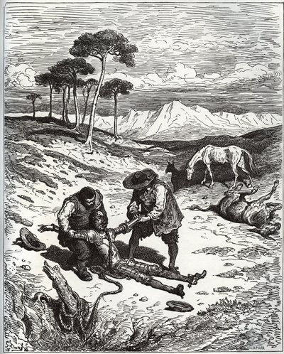 Sancho e il cugino tirano fuori Don Chisciotte (addormentato) dalla grotta di Montesinos - da Don Chisciotte della Mancia di Miguel Cervantes (1547-1616) - xilografia su disegno di Gustave Doré da Gustave Dore