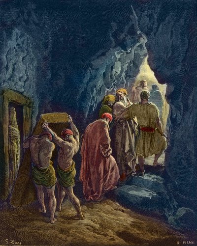 La morte di Sara a 127 anni - La sepoltura della moglie di Abramo, Sara - incisione di Gustave Doré - colorazione successiva da Gustave Dore