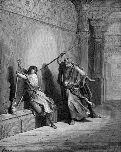Saul tenta di uccidere Davide da Gustave Dore
