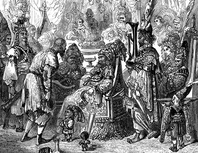 Sindbad il marinaio - racconto delle mille e una notte - illustrazione di Gustave Doré (dettaglio) - edizione Maxwell 1865 - Prologo: un povero portatore (Hinbad) si presenta davanti a Sindbad, che è diventato vecchio e ricco. Quest