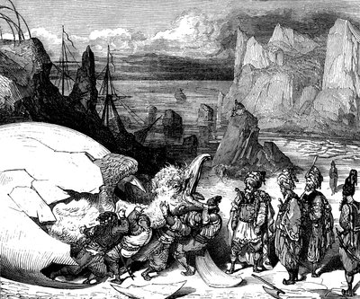 Sindbad il marinaio - racconto delle mille e una notte - illustrazione di Gustave Doré (dettaglio) - edizione Maxwell 1865 - Quinto viaggio: i mercanti che accompagnano Sindbad rompono il guscio di un gigantesco uovo dell