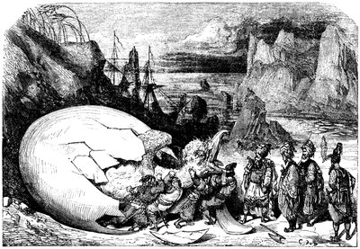 Sindbad il marinaio - racconto delle mille e una notte - illustrazione di Gustave Doré - edizione Maxwell 1865 - Quinto viaggio: i mercanti che accompagnano Sindbad rompono il guscio di un gigantesco uovo dell