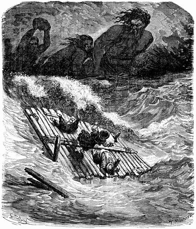 Sindbad il marinaio - racconto delle mille e una notte - illustrazione di Gustave Dore - edizione Maxwell 1865 - Terzo viaggio: Sindbad e i suoi compagni, presi il mare su una zattera, sono inseguiti da giganti che lanciano loro enormi pietre da Gustave Dore