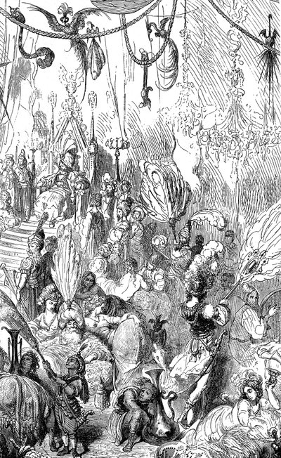 Sindbad il marinaio (Sinbad) - racconto delle mille e una notte (1001) - illustrazione di Gustave Doré - Edizione Maxwell 1865 - Sesto viaggio - questa incisione può rappresentare la corte del re di Serendib o quella del califfo Haroun al-Rashid da Gustave Dore