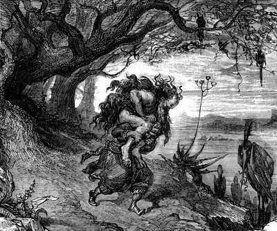 Sindbad il marinaio (Sinbad) - racconto delle mille e una notte (1001) - illustrazione di Gustave Doré (dettaglio) - edizione Maxwell 1865 - Quinto viaggio: Sindbad è costretto a portare sulla spalla un vecchio che si aggrappa a lui e dal quale non può più da Gustave Dore