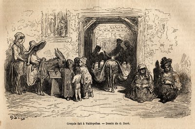 Schizzo dal vivo: mendicanti a Valpadenas (Canale). Incisione per illustrare il viaggio in Spagna di Gustave Doré (1832-1883) illustratore e Barone Ch. Davillier, nel 1862, pubblicato in "Le tour du monde, nouveau journal des voyages" da Gustave Dore