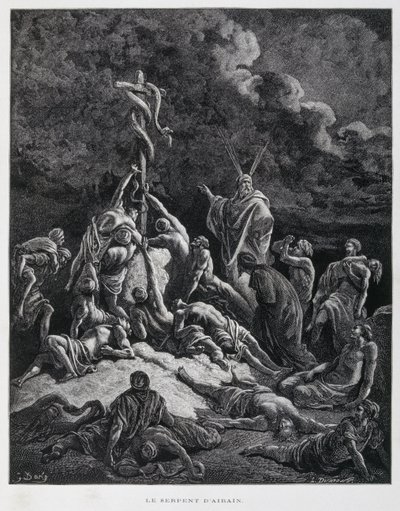 Così Mosè fece un serpente di bronzo e lo mise su un palo. Numeri 21:7, Illustrazione dalla Bibbia di Doré da Gustave Dore