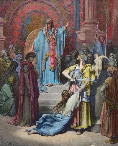 Il giudizio di Salomone - Salomone emette il giudizio di dividere il bambino tra i due contendenti - Incisione di Gustave Doré (1832-1883) - colorazione successiva da Gustave Dore