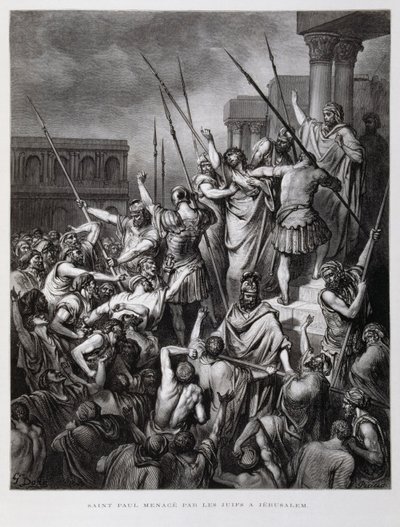 San Paolo attaccato dagli ebrei di Gerusalemme, illustrazione dalla Bibbia di Doré da Gustave Dore