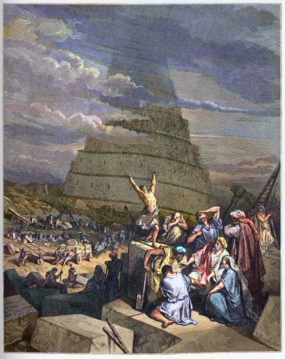 Torre di Babele - Illustrazione della Torre di Babele della Genesi e confusione delle lingue da parte di Yahve. A destra, il re Nimrud discute con gli architetti - incisione in "La Bibbia illustrata" di Gustave Dore - Incisione da "La Bibbia di Dore" da Gustave Dore