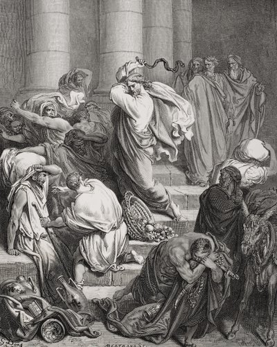 I compratori e i venditori cacciati dal tempio, Luca 19:45-46, illustrazione dalla 