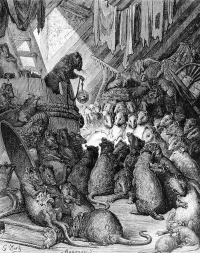 Il Consiglio tenuto dai topi, dalle Favole di La Fontaine, inciso da Antoine Valerie Bertrand (n.1823) c.1868 da Gustave Dore
