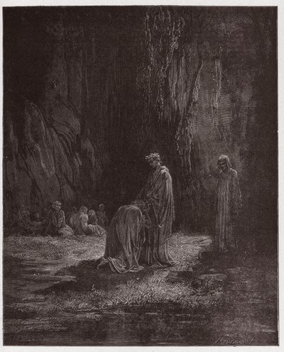 La Divina Commedia, Purgatorio, Canto 7: Il poeta Sordello, stupito, si inginocchia davanti a Virgilio - di Dante Alighieri (1265-1321) - Illustrazione di Gustave Doré (1832-1883). da Gustave Dore