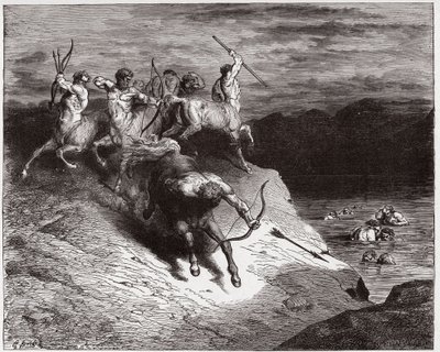 La Divina Commedia, Inferno, Canto 12: I centauri attaccano le anime nel sangue bollente - Illustrazione di Gustave Doré da Gustave Dore