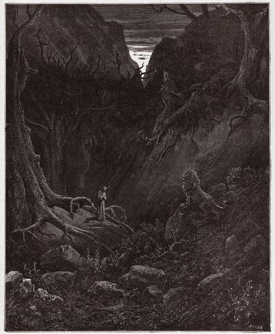 La Divina Commedia, Inferno, Canto 1: Il leone affronta improvvisamente Dante - Illustrazione di Gustave Doré da Gustave Dore