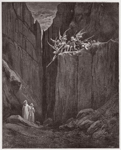 La Divina Commedia, Inferno, Canto 23: I poeti sfuggono ai demoni della quinta bolgia - di Dante Alighieri (1265-1321) - Illustrazione di Gustave Doré (1832-1883) da Gustave Dore