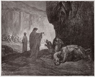 La Divina Commedia, Inferno, Canto 6: Virgilio nutre Cerbero nel terzo cerchio - di Dante Alighieri (1265-1321) - Illustrazione di Gustave Doré (1832-1883) da Gustave Dore