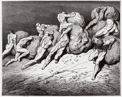 La Divina Commedia, Inferno, Canto 7: Le anime degli avari e dei prodighi costrette a rotolare pesanti pietre - di Dante Alighieri (1265-1321) - Illustrazione di Gustave Doré (1832-1883) da Gustave Dore