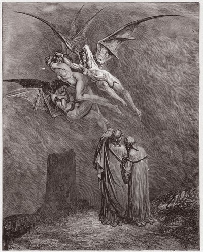 La Divina Commedia, Inferno, Canto 9: Le orribili Erinni: Megaera, Tisifone, Aletto - di Dante Alighieri (1265-1321) - Illustrazione di Gustave Dore (1832-1883) da Gustave Dore