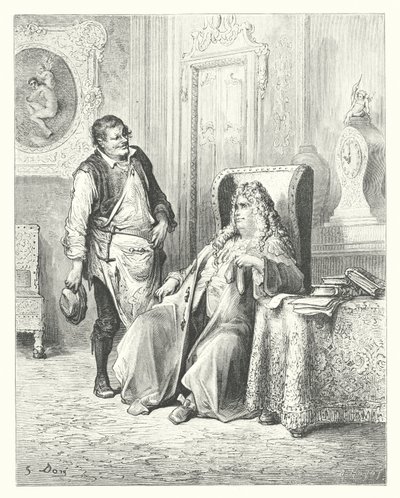 Le favole di La Fontaine: Il ciabattino e il banchiere (incisione) da Gustave Dore