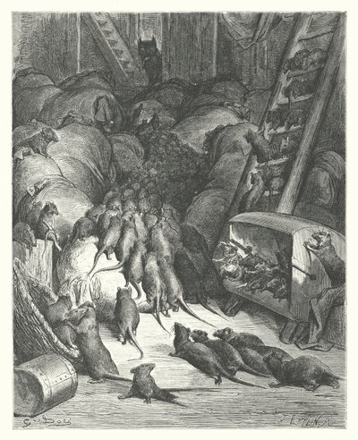 Le favole di La Fontaine: La lega dei topi (incisione) da Gustave Dore