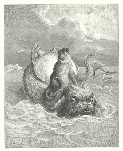 Le favole di La Fontaine: La scimmia e il delfino (incisione) da Gustave Dore