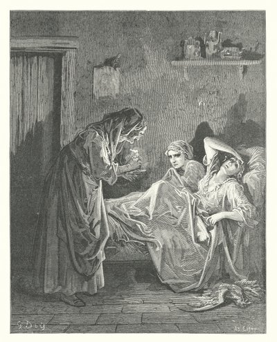 Le favole di La Fontaine: La vecchia e i suoi servi (incisione) da Gustave Dore