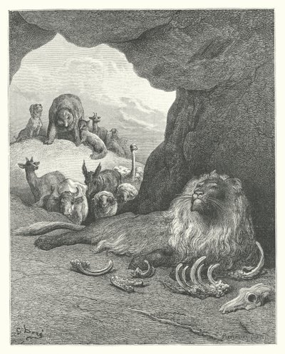 Le favole di La Fontaine: Il leone malato e la volpe (incisione) da Gustave Dore