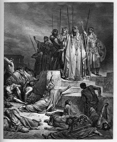 La carestia in Samaria - Antico Testamento: Assedio di Samaria. Il re di Siria assedia la città di Samaria, riducendola a una terribile carestia - incisione in La Bibbia illustrata di Gustave Doré (1832-1883) - Incisione da La Bibbia di Doré da Gustave Dore