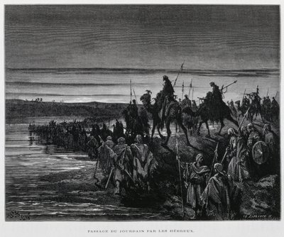 Le tribù ebraiche entrano in Canaan attraverso il fiume Giordano, Illustrazione dalla Bibbia di Doré da Gustave Dore